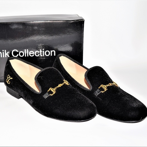 black loafers with gold